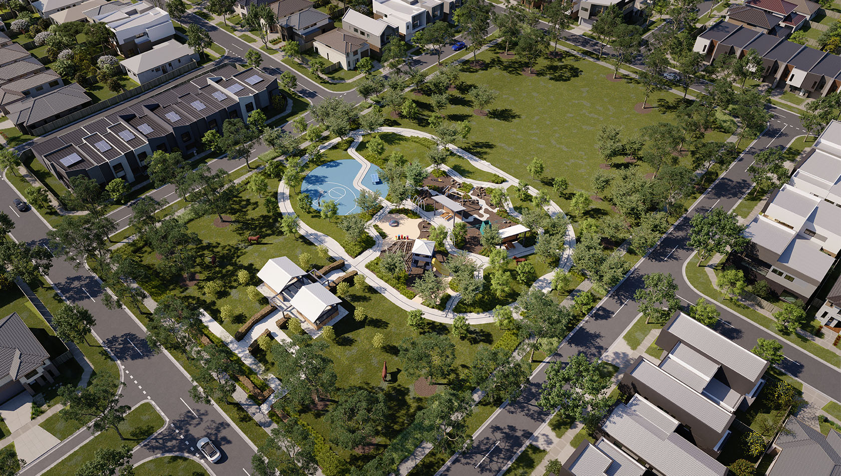 Bluestone, Tarneit artist impression aerial view of parks and surrounding houses