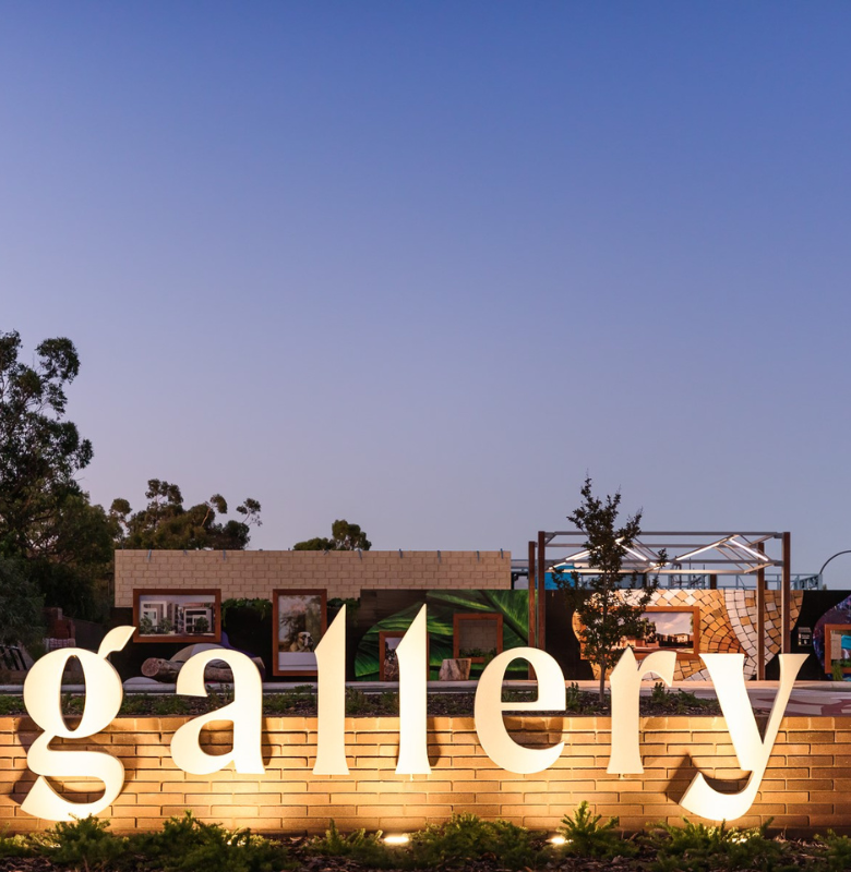 Gallery, Willagee, entry statement sign, lights on at night