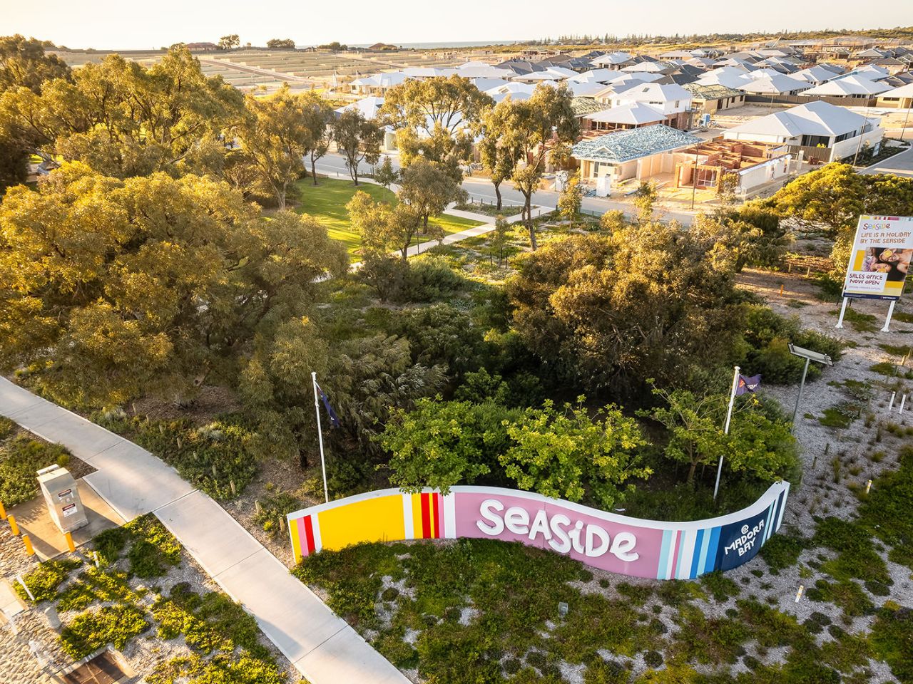 Seaside, Madora Bay, aerial view of the entry