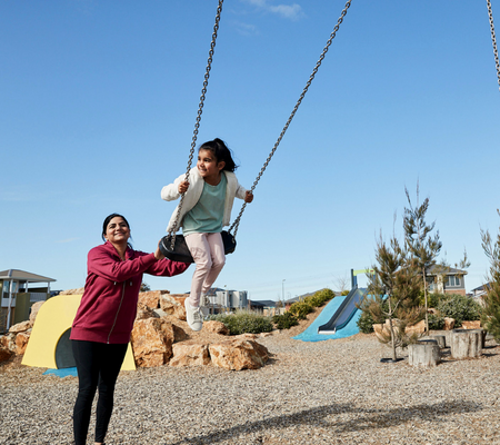 Botanical, Mickleham mother pushing young daughter on swing set v4.