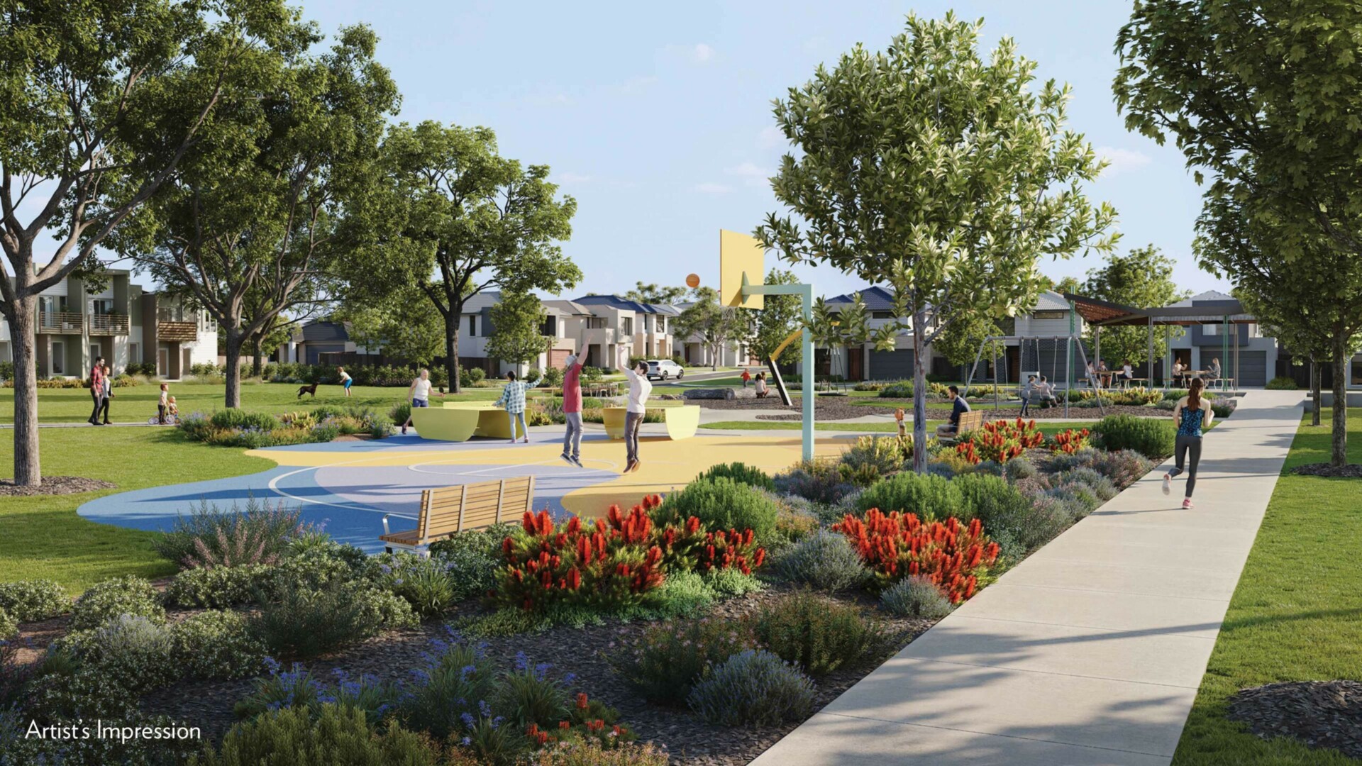 The Willows artist impression of park and playground with people running about