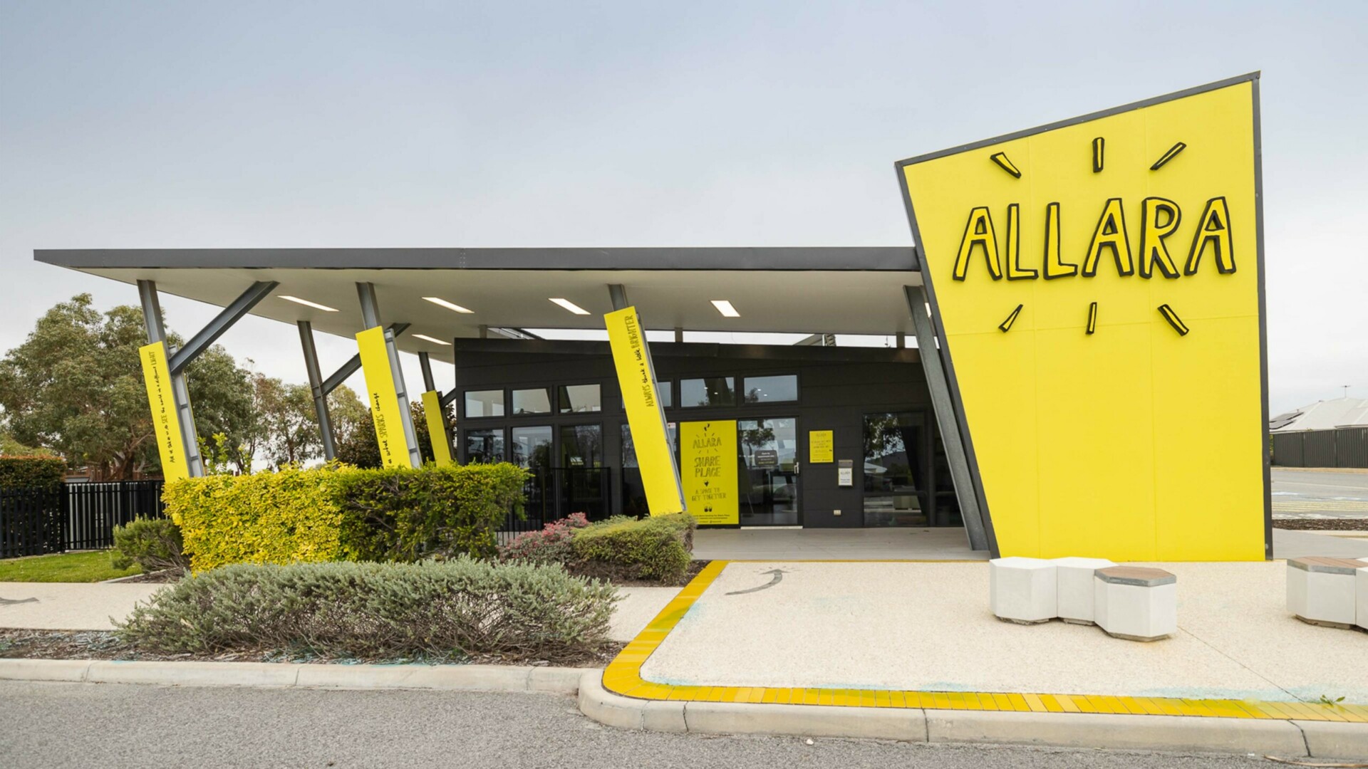 Allara, Eglinton revitalised hireable space 2023, Allara entrance share space and car park.