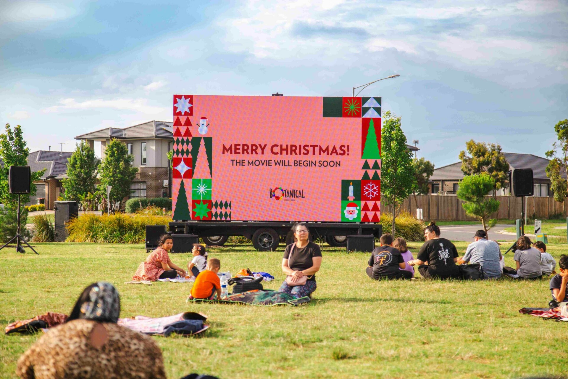 Arcadia Christmas movie night screen ready to play the movie