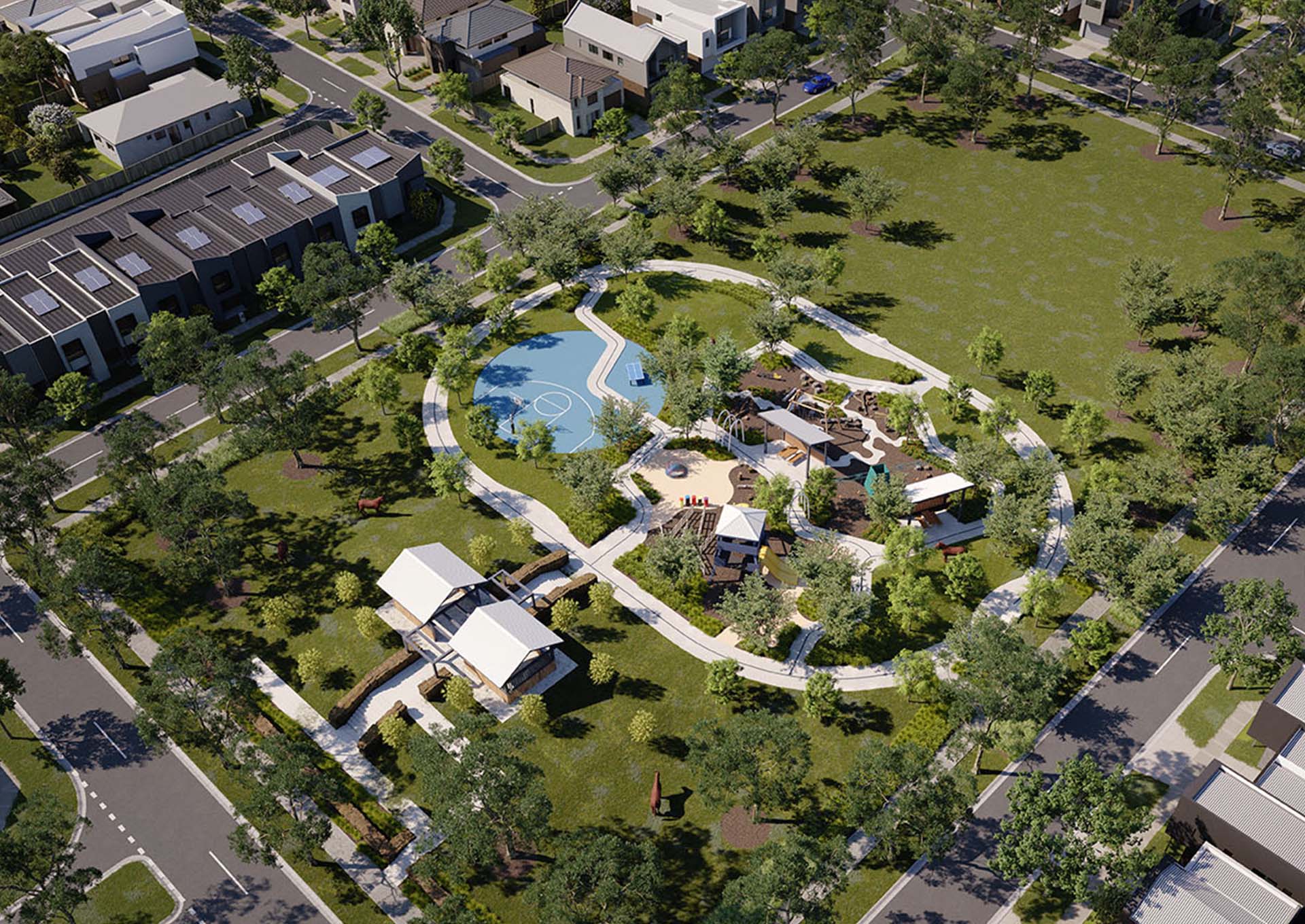 Bluestone, VIC artist impression of park and townhomes