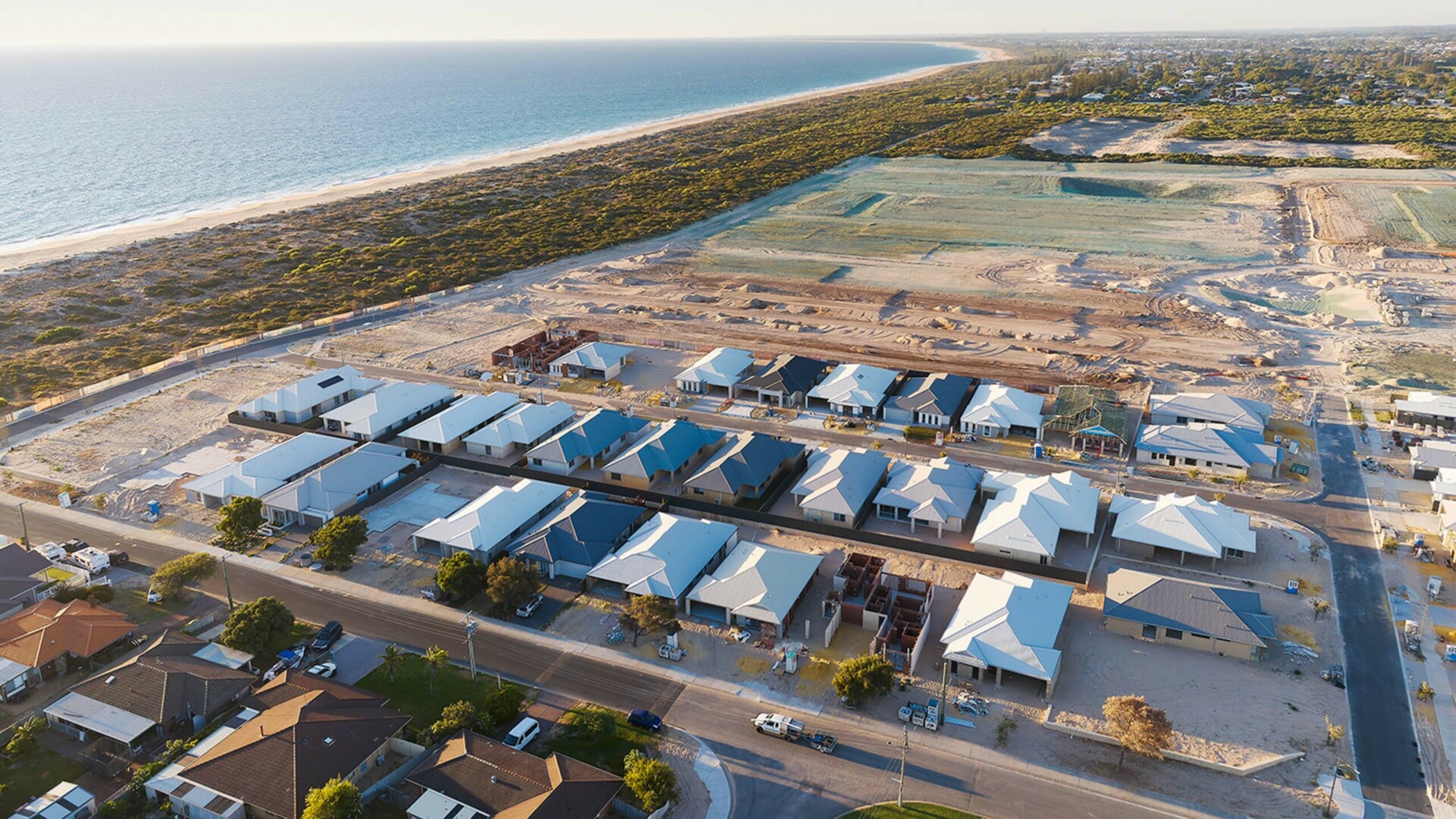 Seaside aerial view of housing and development
